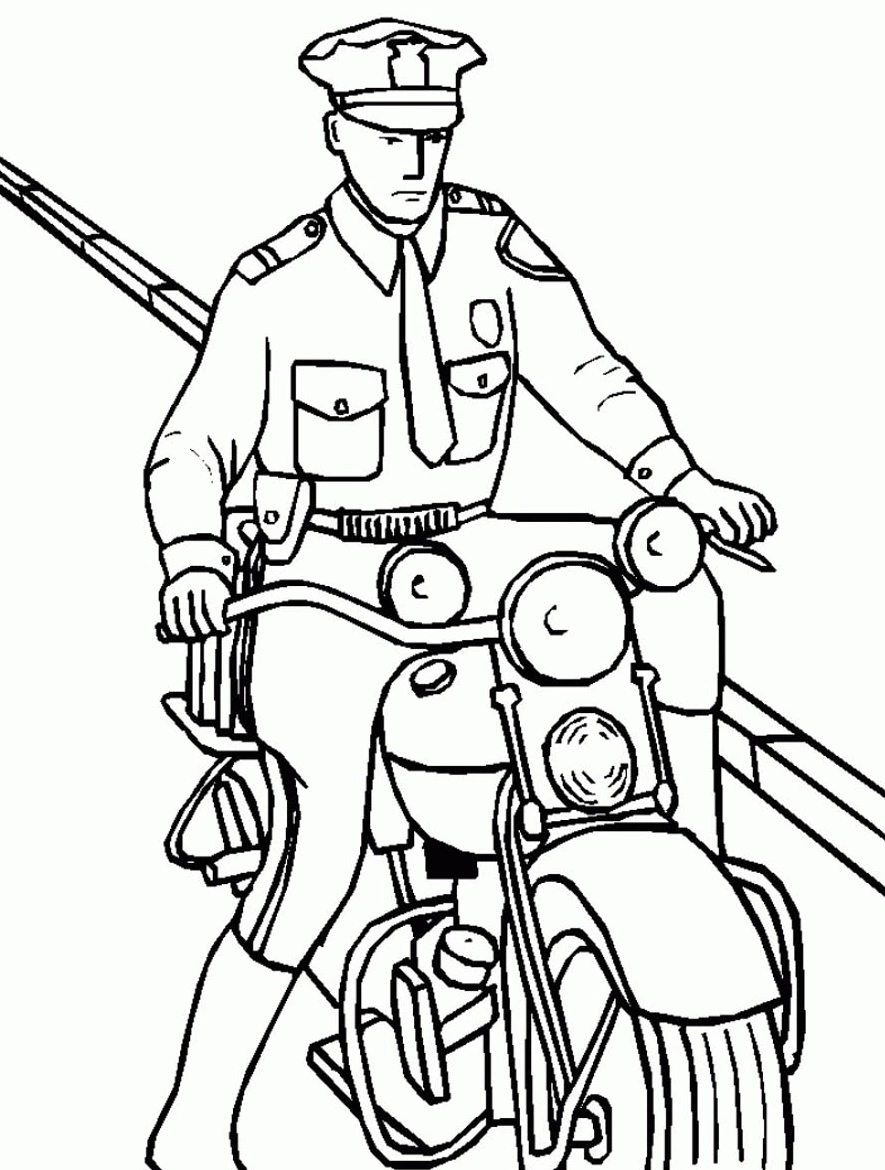 Coloring book of brave policeman on a motorcycle